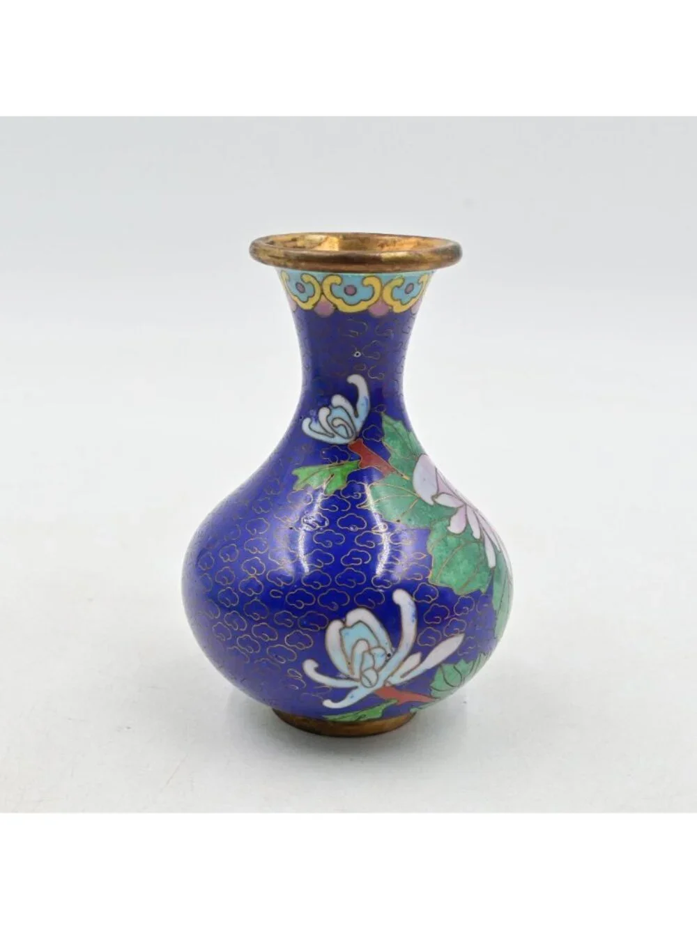Chinese Cloisonne Miniature Flower Vase Cobalt Blue Enamel Gold Tone Rim 4